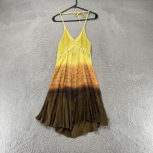 L.S.I. Dress Womens M Yellow Ombroidered Smocked Boho Asymmetrical Sundress